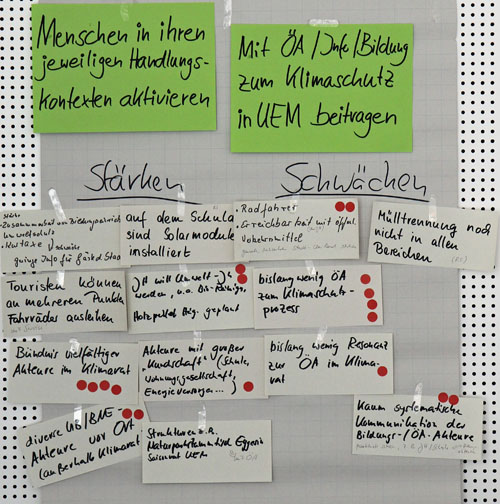 Das Foto zeigt eine Pinnwand, an der mehrere beschriftete Zettel angehängt sind. Die Überschrift lautet: Mit ÖA / Info / Bildung zum Klimaschutz in UEM beitragen.