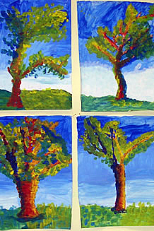 Baumbilder getupft gemalt von Grundschülern
