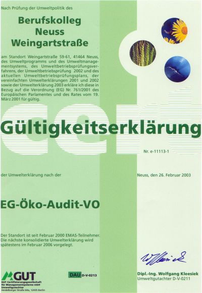 Urkunde der Gültigkeitserklärung 2003