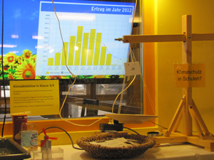 Das Foto zeigt einen kleinen Messestand mit Experimenten zu Energie und Klima, einer hölzernen Waage und im Hintergrund dem Display einer Schulsolaranlage.