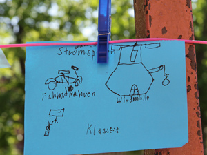 Das Foto zeigt einen blauen Zettel, der an einer Wäscheleine hngt. Auf den Zettel hat ein Schüler drei Klimaschutzideen aufgemalt: Fahrradfahren, Stromsparen und Windmühle.