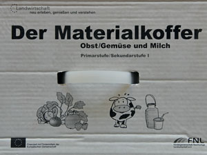 Das Foto zeigt einen Pappkarton mit der Aufschrift Der Materialkoffer Obst - Gemüse - Milch.