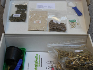 Das Foto zeigt einen offenen Pappkarton mit einigen Proben landwirtschaftlicher Produkte sowie einem Hefter.