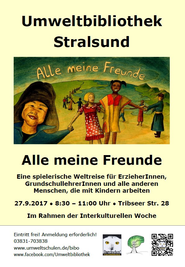 Das Bild zeigt das Plakat zur Veranstaltung Alle meine Freunde. Es enthält neben den Veranstaltungsinformationen eine Zeichnung, auf der Kinder aus allen Teilen der Welt zu sehen sind.