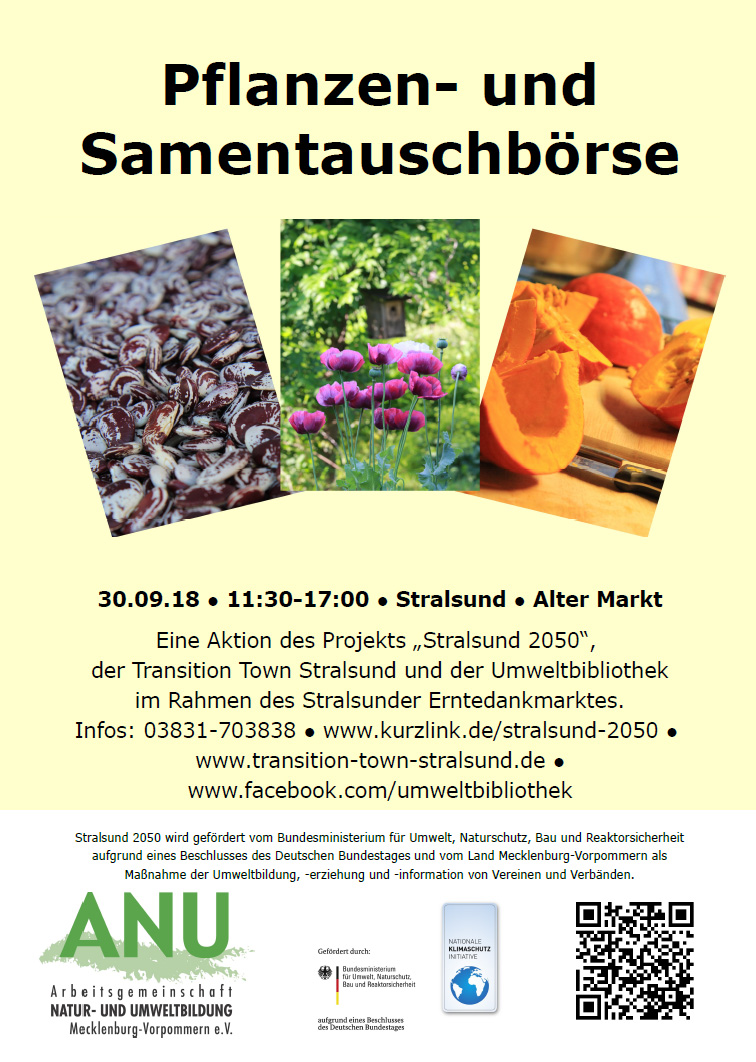 Das Bild zeigt das Poster zur Pflanzen- und Samentascubörse. Es sind Samen bzw. Pflanzen abgebildet und die Veranstaltungsinformationen.